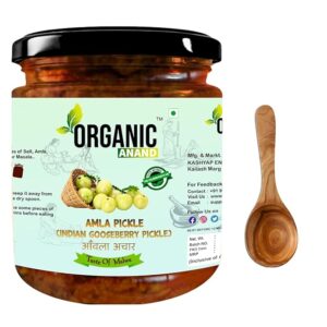 organic anand homemade amla pickle 500gm traditional indian gooseberry ka achaar with neemwood spoon flavourful, delicious taste