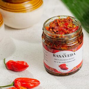 the rasaveda king chilli pickle, 150g bhut jolokia pickle ghost pepper from nagaland | raja mircha